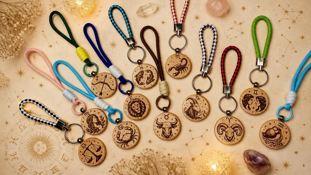 Kolekcja drewnianych breloków z symbolami znaków zodiaku
