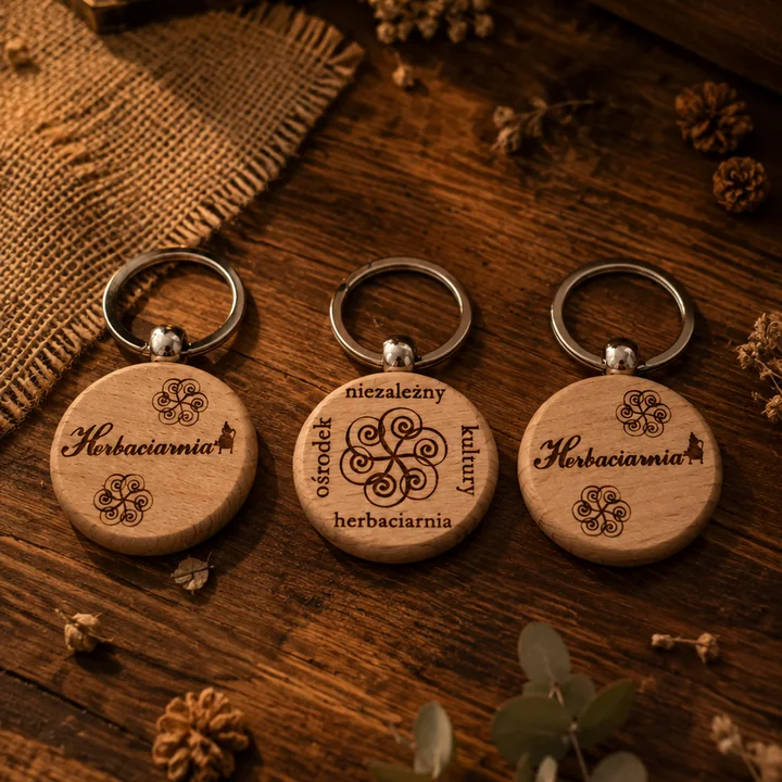 trzy drewniane zawieszki z personalizowanym grawerem